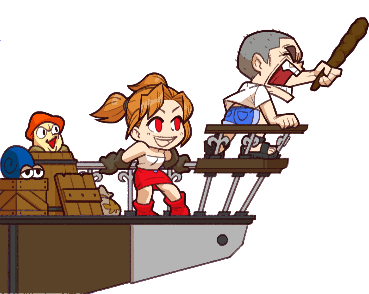 A grinning adventurer, a snail and an orange mushroom on the front of a ship, with an old man shouting at the bow